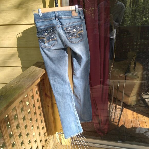 AEO Super Stretch Kickboot Jeans Back Buttoned Flap Sequined Pockets  Sz 00 - Picture 3 of 10